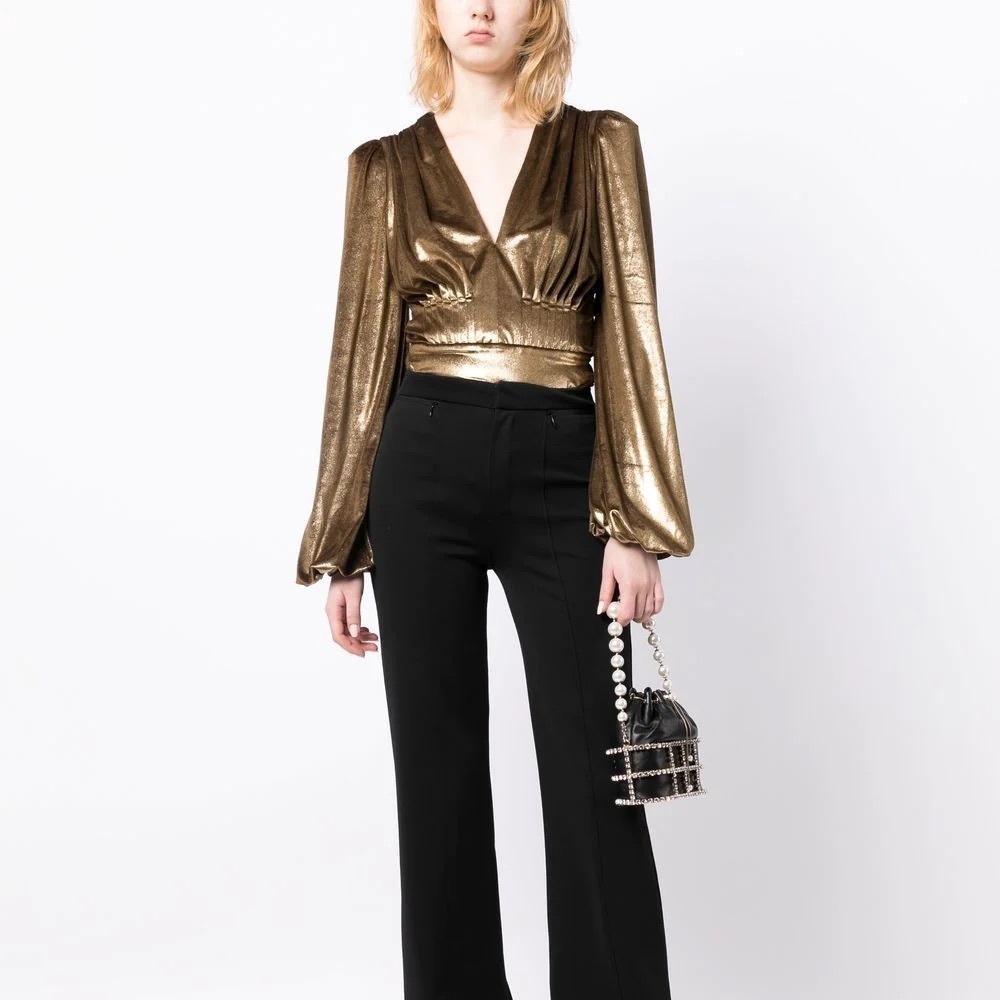 PatBO Metallic Velvet Plunge Bodysuit in Gold